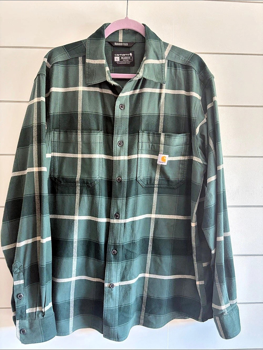 Carhartt Rugged Flex Relaxed Fit Flannel Shirt Green & White Size Large